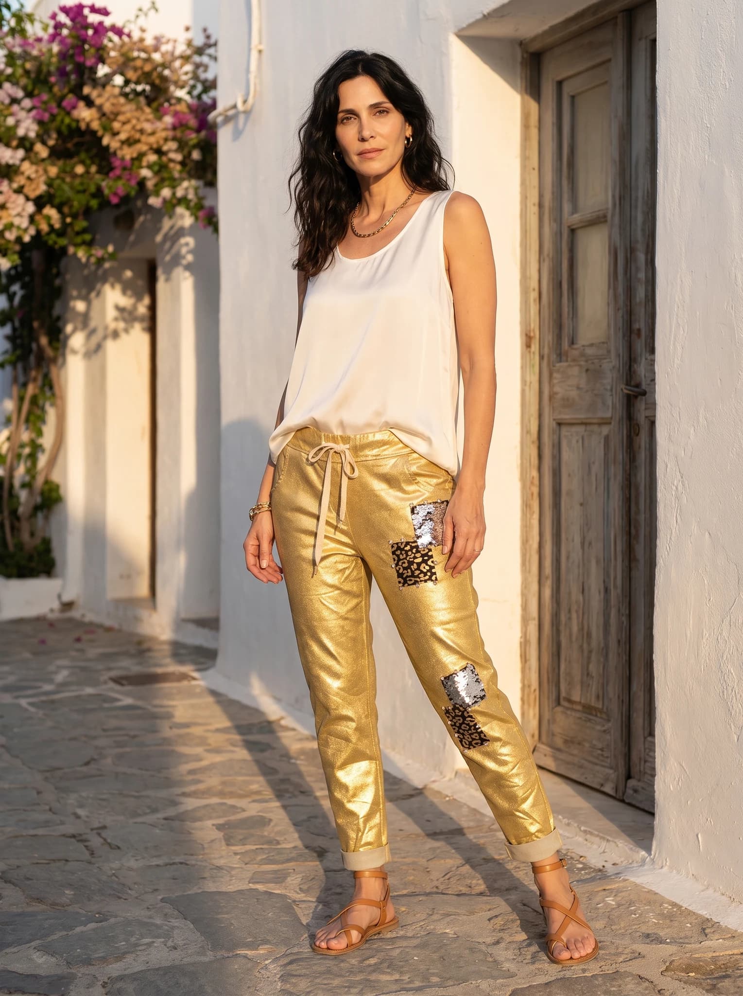 Babucha Italiana Gold Con Detalles presentado en modelo (visualización digital)