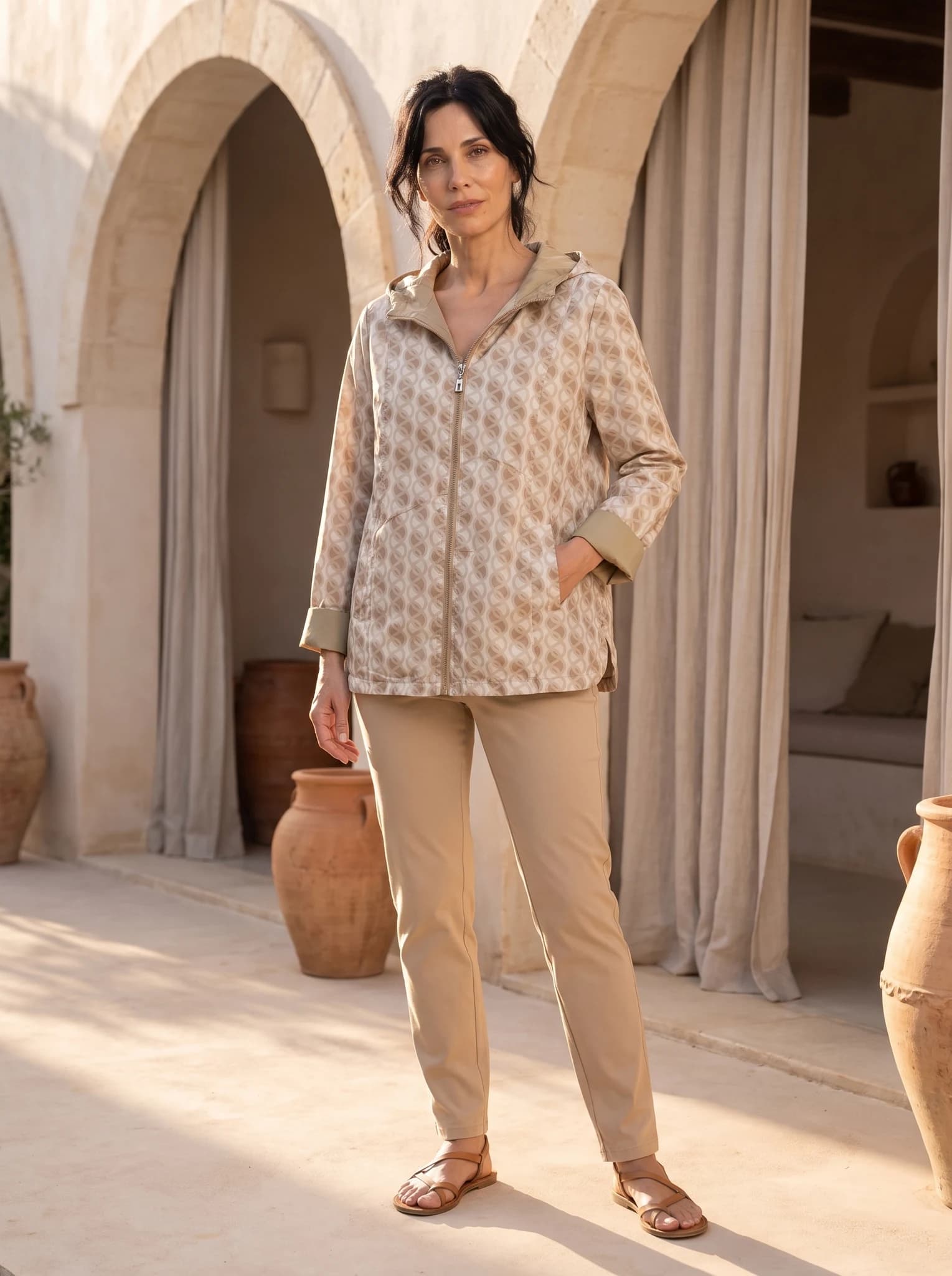 Piloto Beige Reversible presentado en modelo (visualización digital)