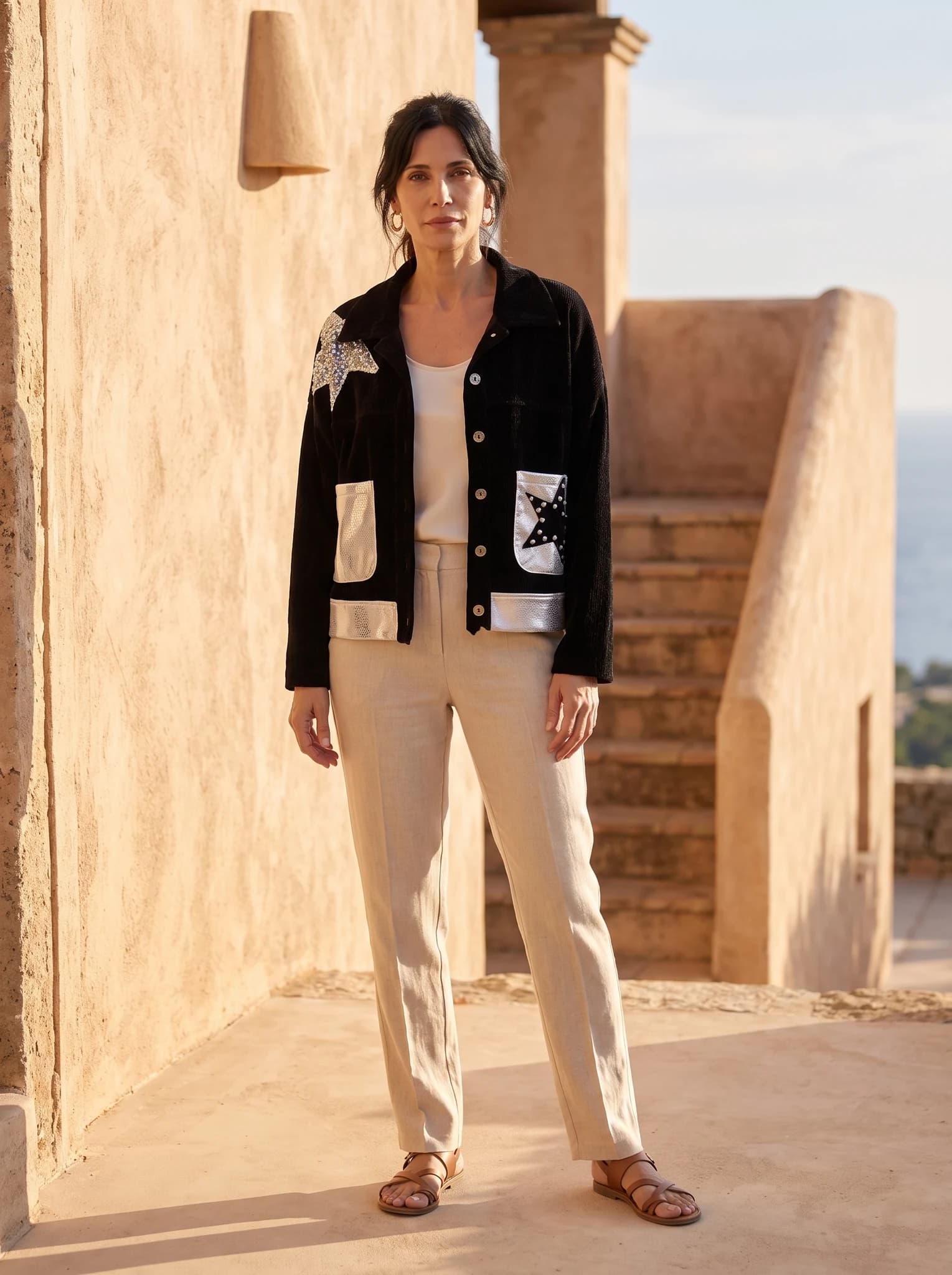 Chaqueta Italy Con Apliques presentado en modelo (visualización digital)
