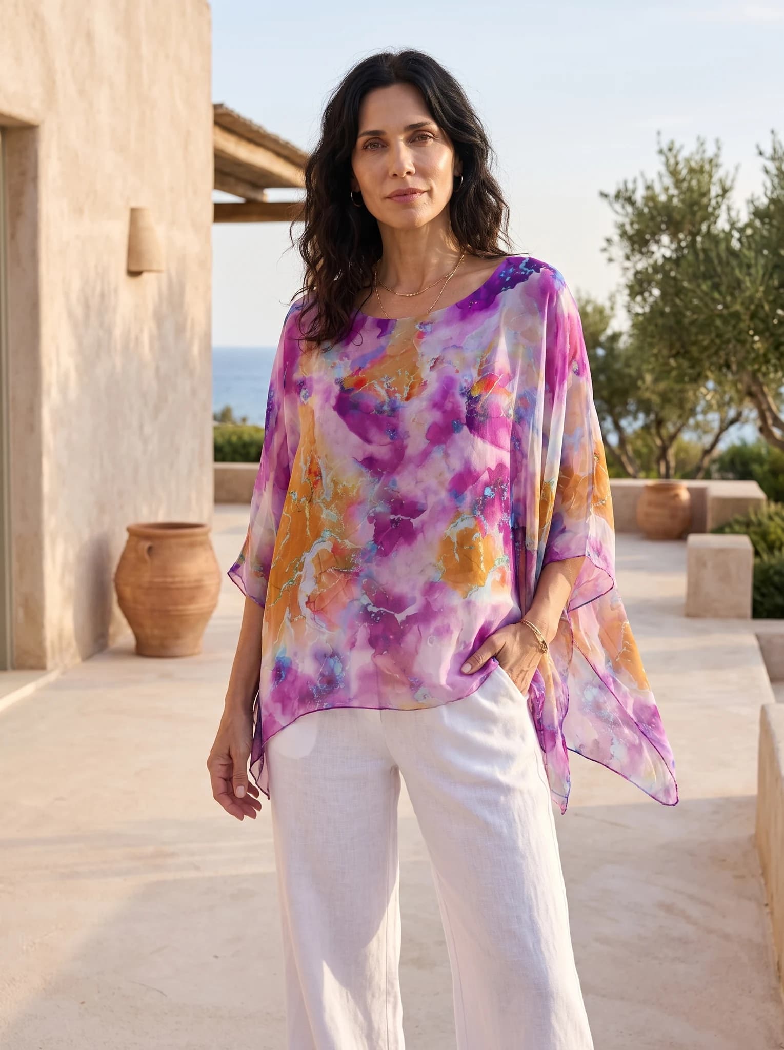 Blusa Gasa Italiana Forrada presentado en modelo (visualización digital)