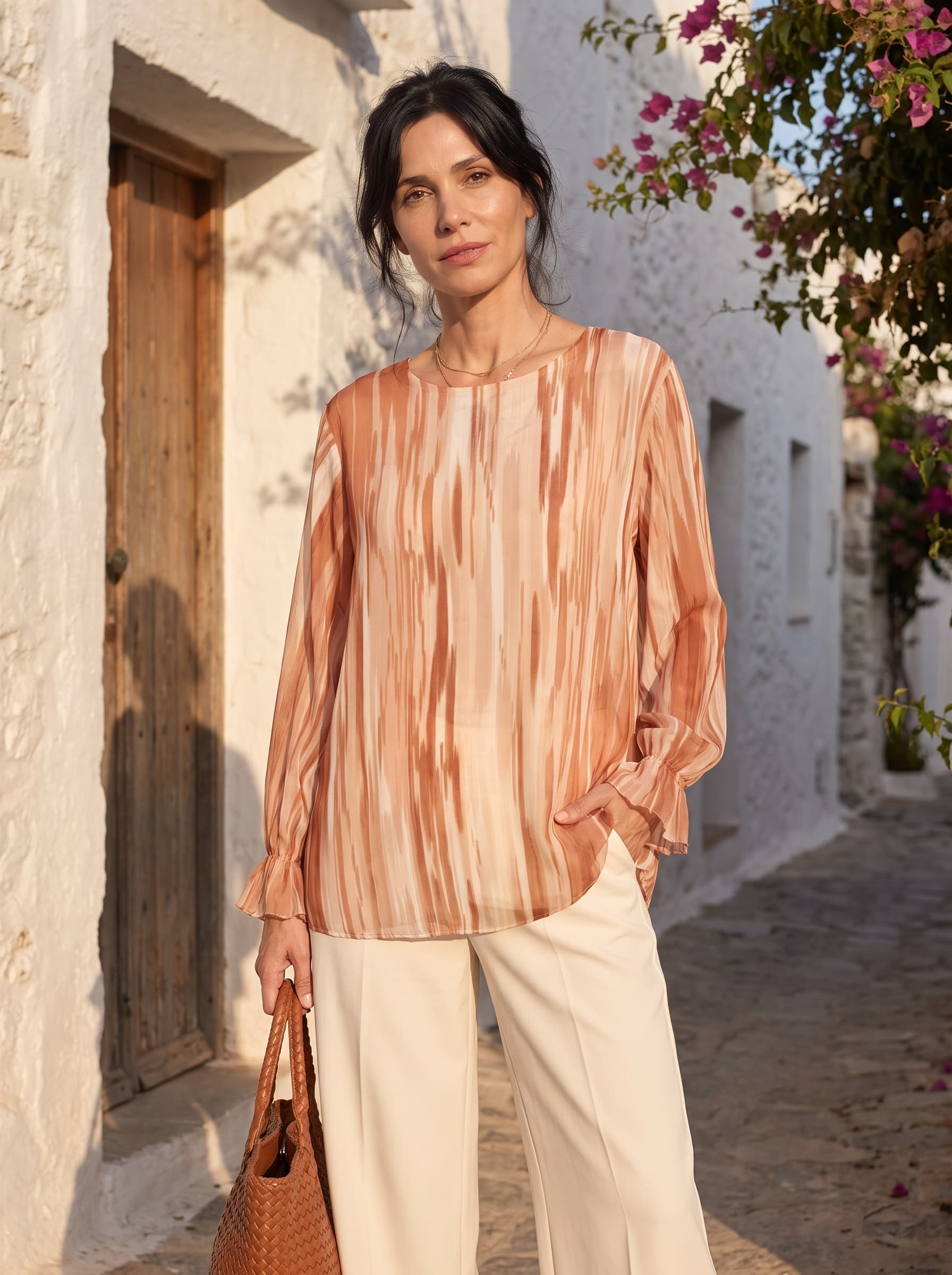 Blusa Italiana Manga Larga Puño Con Frunce presentado en modelo (visualización digital)